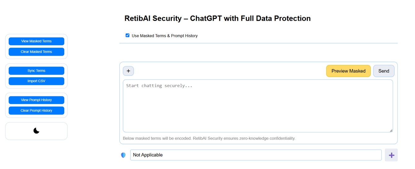 Interface de sécurité RetibAI — chat avec protection complète des données